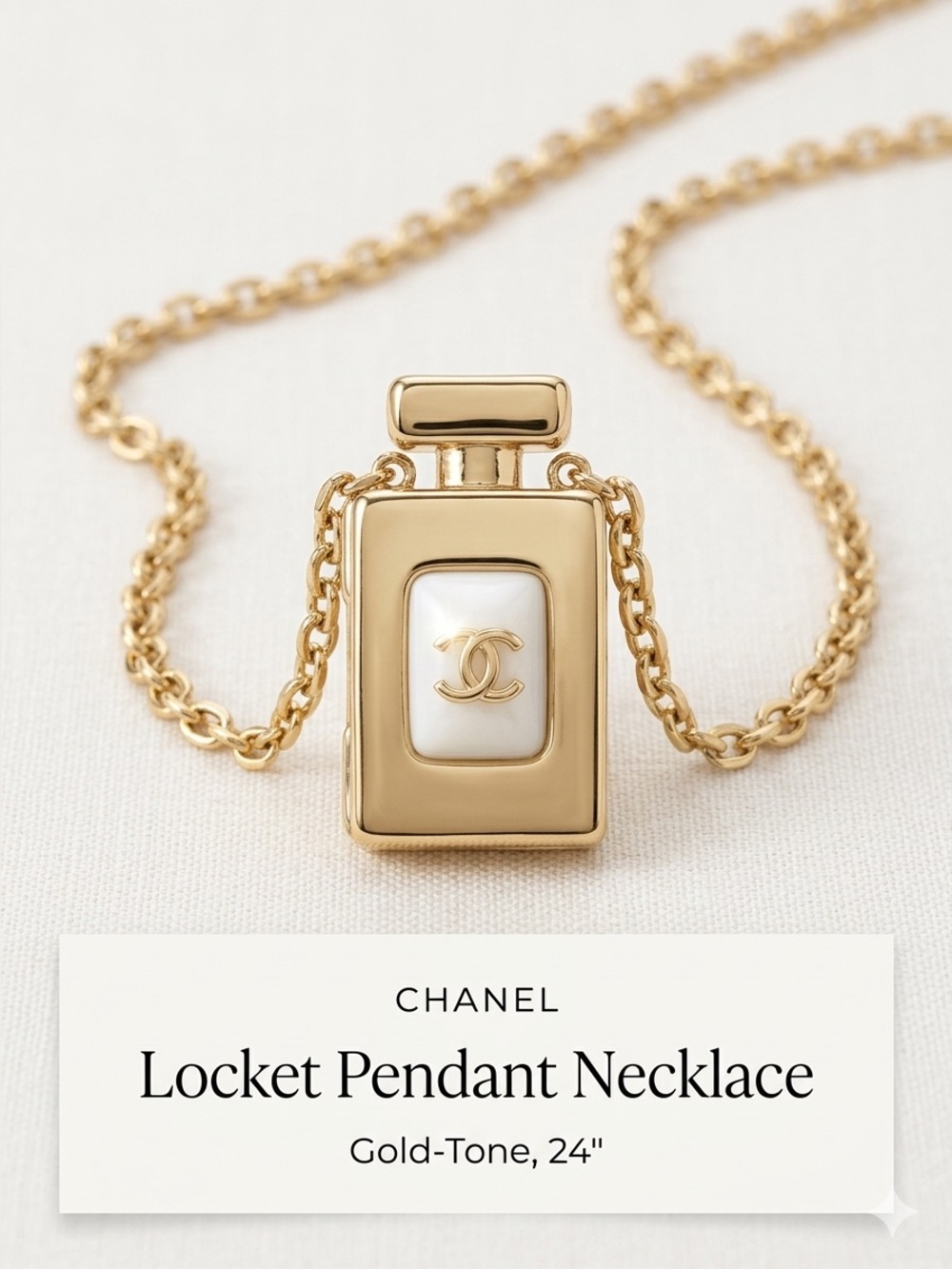 Chanel Locket. Gold-Tone Perfume Bottle Pendant 24”Necklace with White Inlay